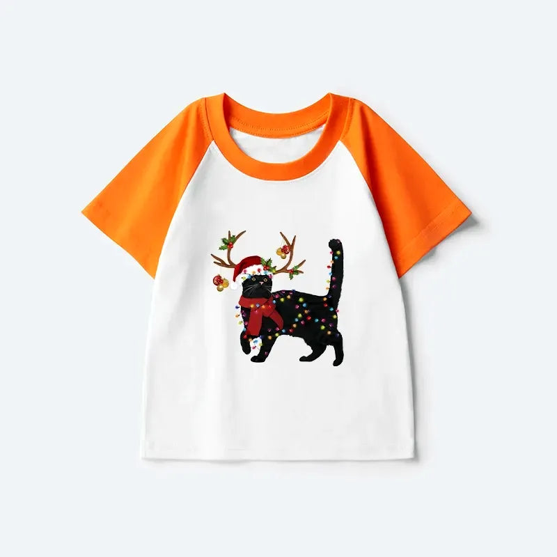 Kyoto-Lion Christmas Black Cat Kids Raglan T-shirt