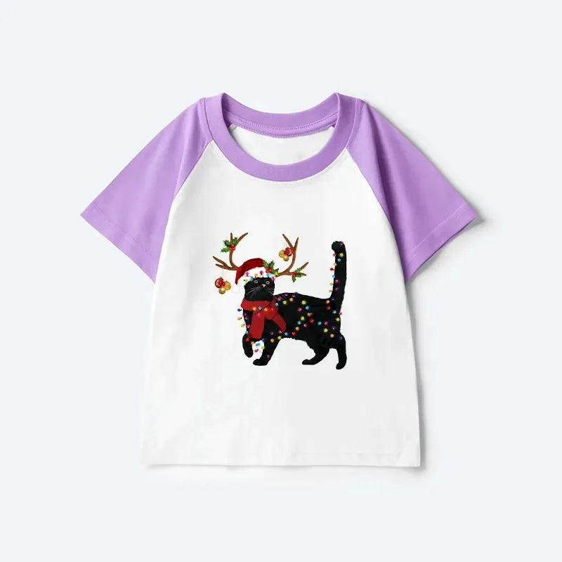 Kyoto-Lion Christmas Black Cat Kids Raglan T-shirt