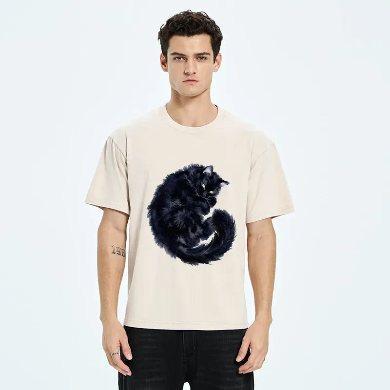 Kyoto-Lion Dark Cat Rest Mode Washed T-Shirt