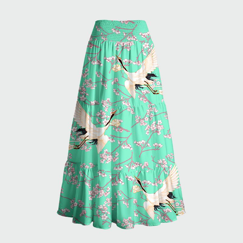Kyoto-Lion Cranes And Sakura Maxi Skirt