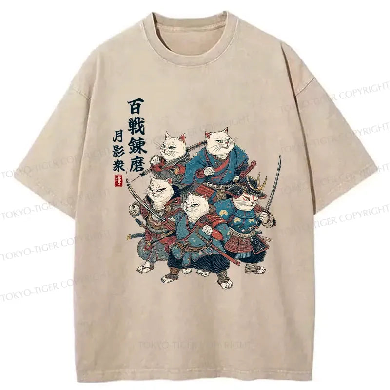 Kyoto-Lion Five Cat Samurai Washed T-Shirt