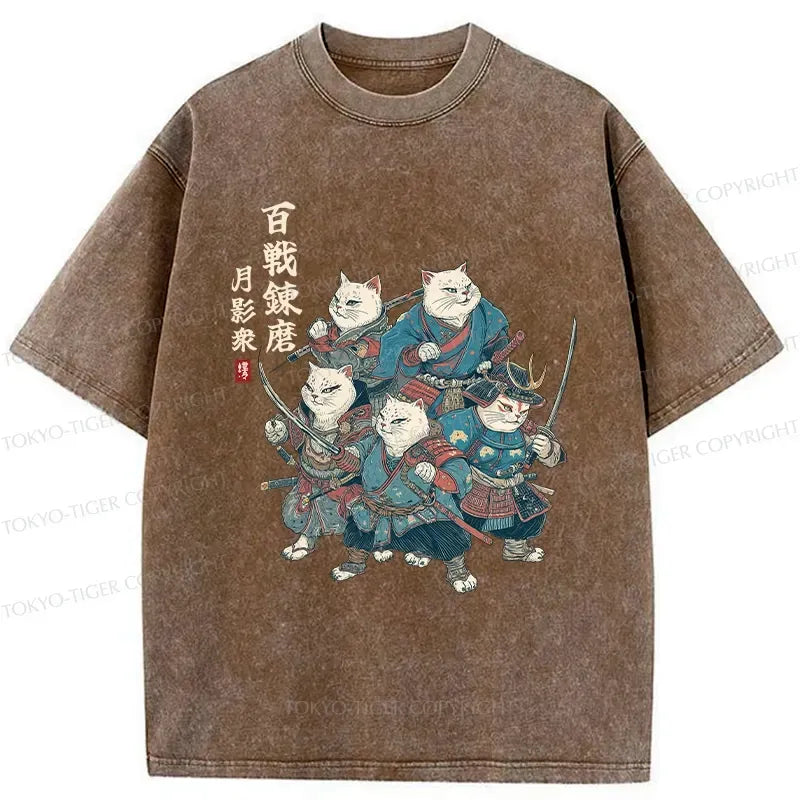 Kyoto-Lion Five Cat Samurai Washed T-Shirt