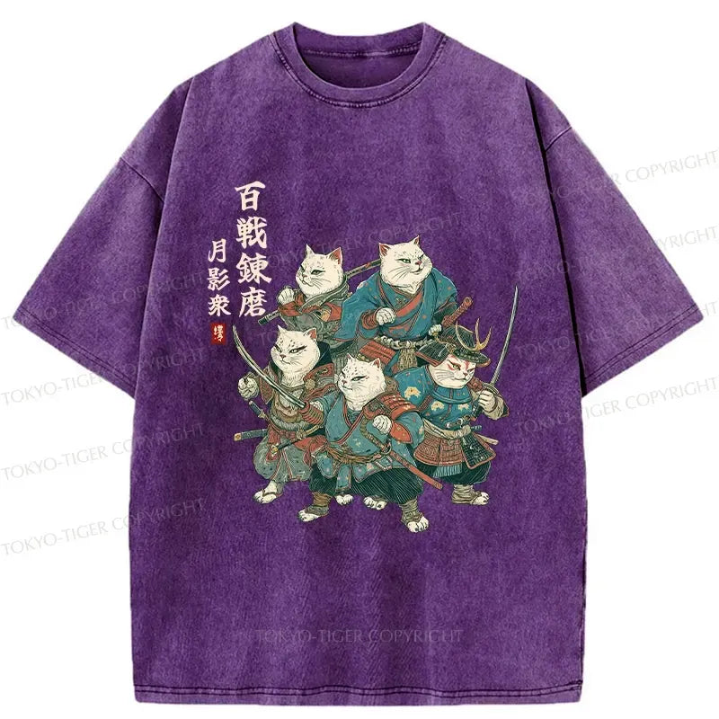 Kyoto-Lion Five Cat Samurai Washed T-Shirt
