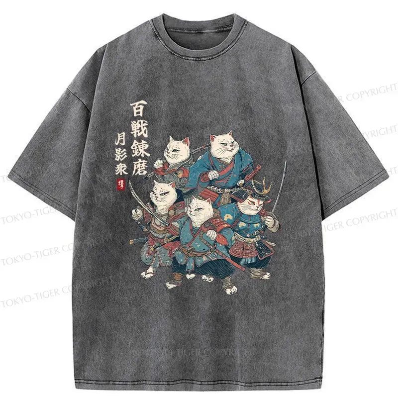 Kyoto-Lion Five Cat Samurai Washed T-Shirt