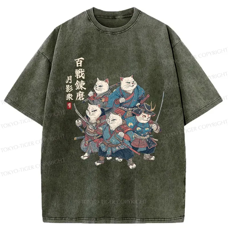 Kyoto-Lion Five Cat Samurai Washed T-Shirt