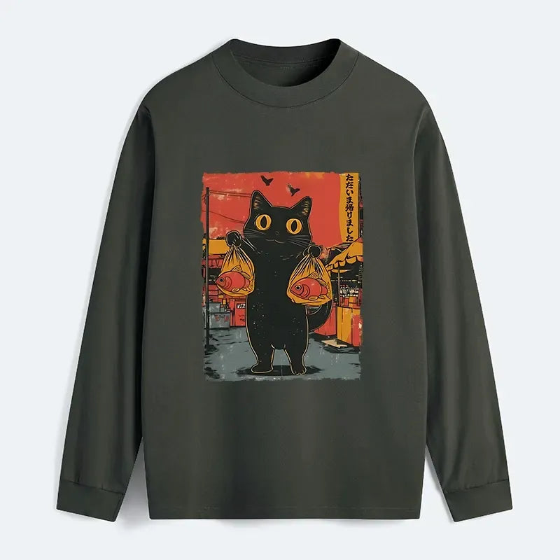 Kyoto-Lion Cat Fishing Japanese Classic Long Sleeve T-Shirt