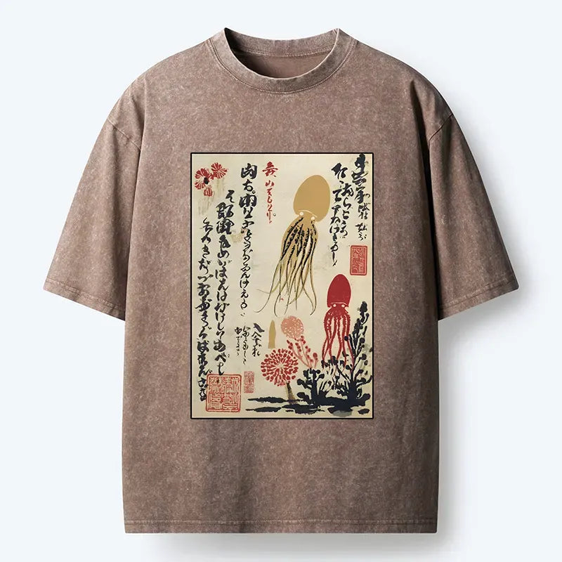 Kyoto-Lion Ink Painting Octopus Ukiyoe Washed T-Shirt