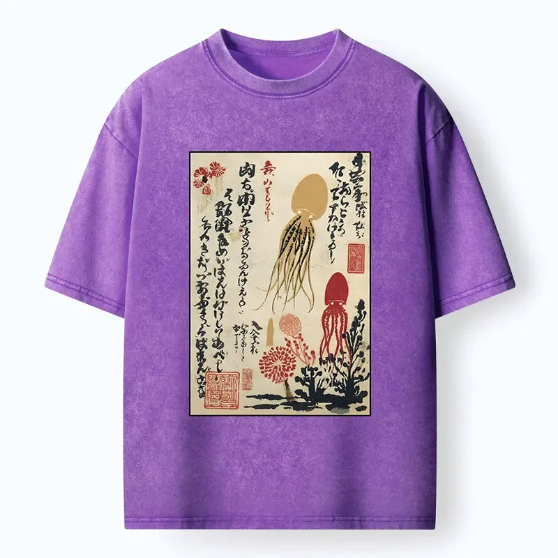 Kyoto-Lion Ink Painting Octopus Ukiyoe Washed T-Shirt