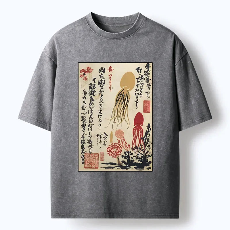 Kyoto-Lion Ink Painting Octopus Ukiyoe Washed T-Shirt