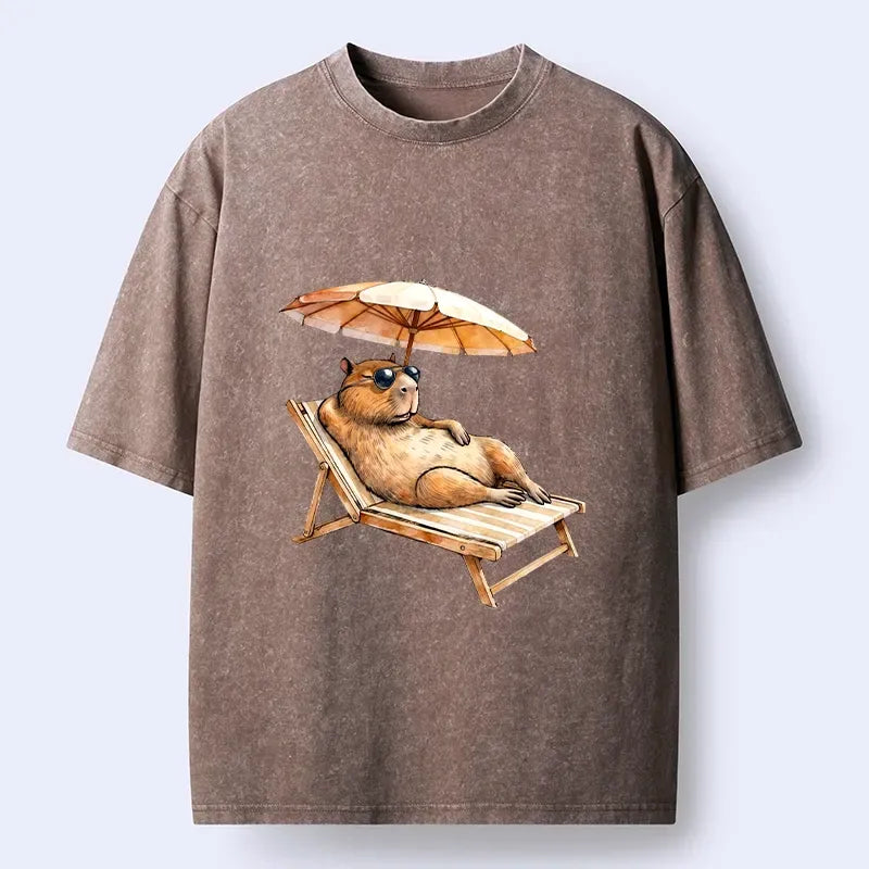 Kyoto-Lion Funny Capybara Chilling Under The Sun Washed T-Shirt