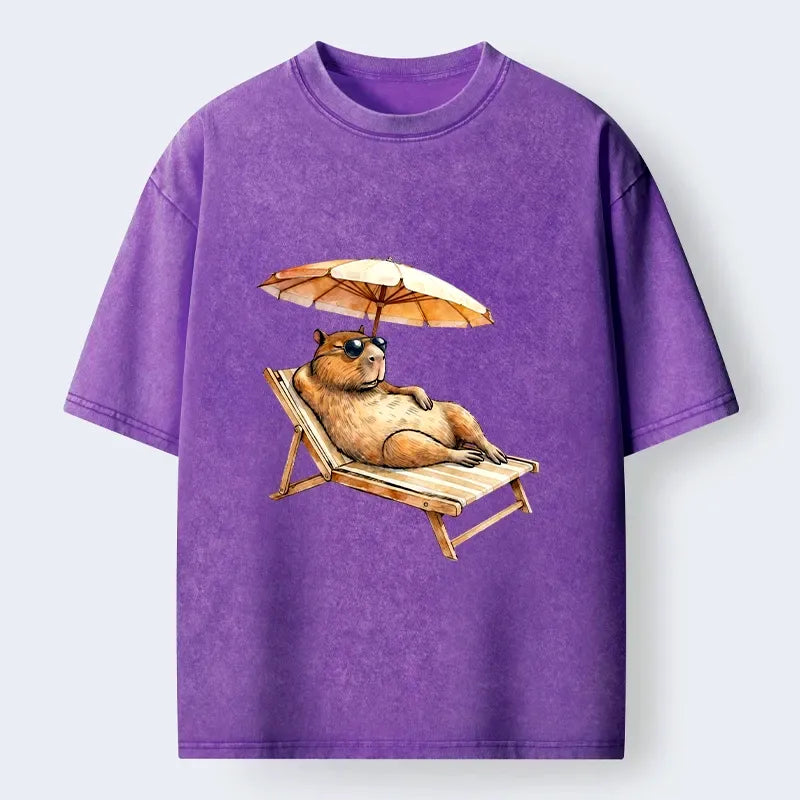 Kyoto-Lion Funny Capybara Chilling Under The Sun Washed T-Shirt