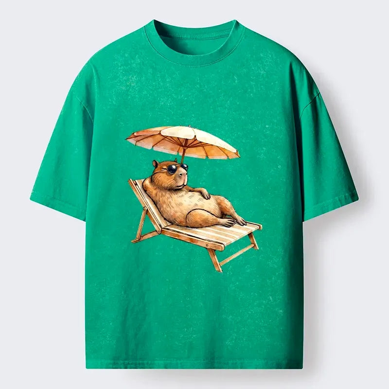 Kyoto-Lion Funny Capybara Chilling Under The Sun Washed T-Shirt