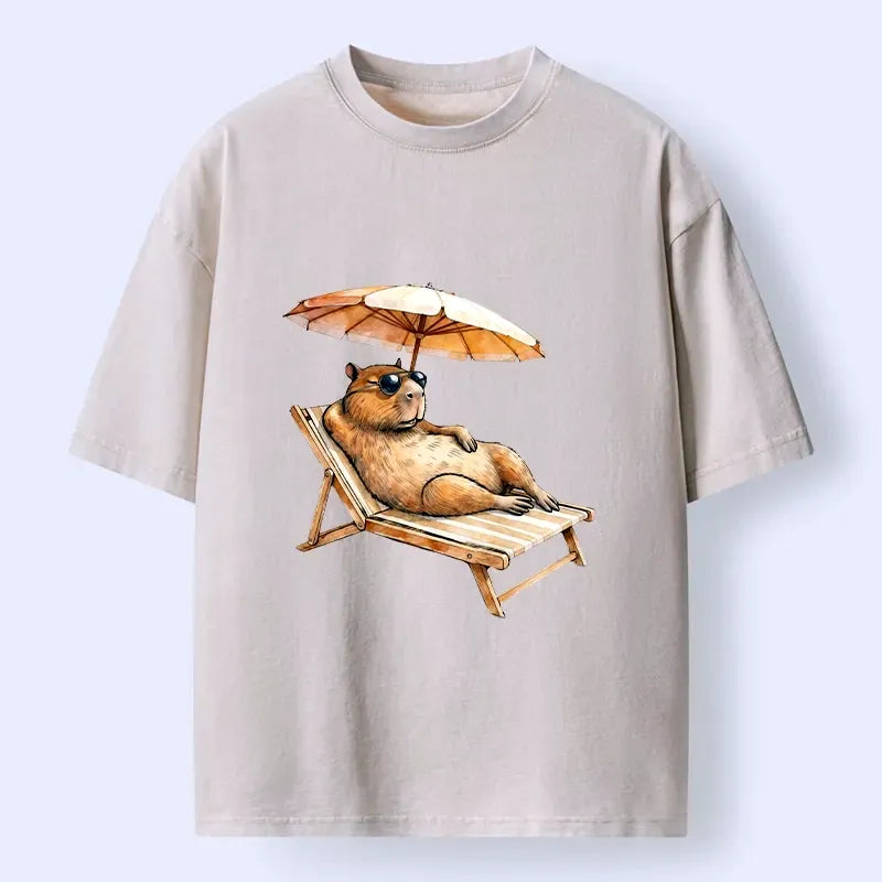 Kyoto-Lion Funny Capybara Chilling Under The Sun Washed T-Shirt
