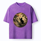 Kyoto-Lion Serene Nature Scene Of Curious Ink Black Cat Washed T-Shirt