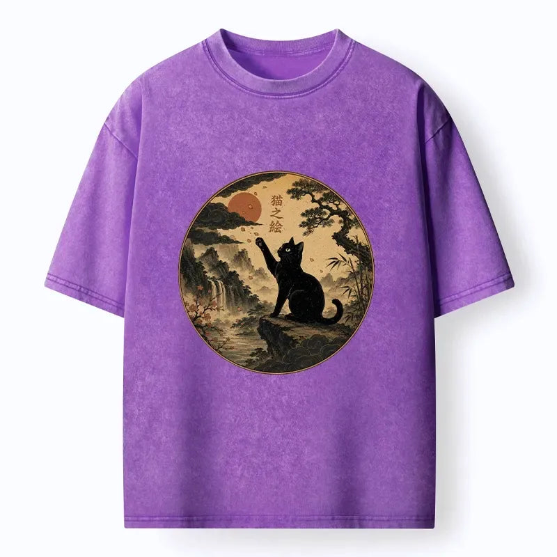Kyoto-Lion Serene Nature Scene Of Curious Ink Black Cat Washed T-Shirt