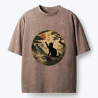Kyoto-Lion Serene Nature Scene Of Curious Ink Black Cat Washed T-Shirt