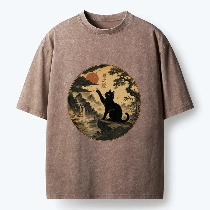 Kyoto-Lion Serene Nature Scene Of Curious Ink Black Cat Washed T-Shirt
