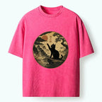 Kyoto-Lion Serene Nature Scene Of Curious Ink Black Cat Washed T-Shirt