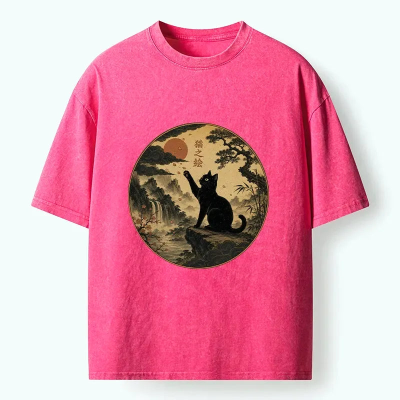 Kyoto-Lion Serene Nature Scene Of Curious Ink Black Cat Washed T-Shirt