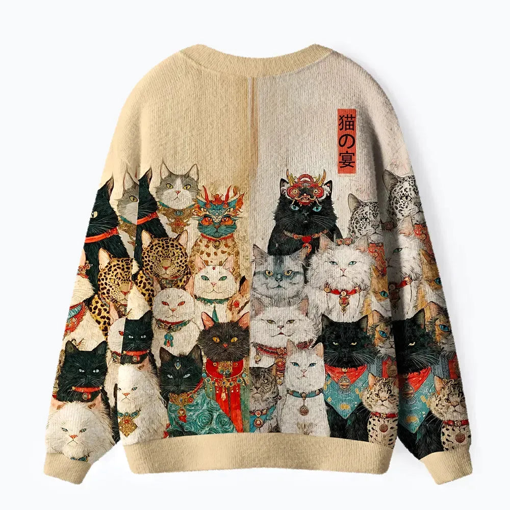 Kyoto-Lion Cats Of The Grand Banquet Ugly Cardigan Sweater