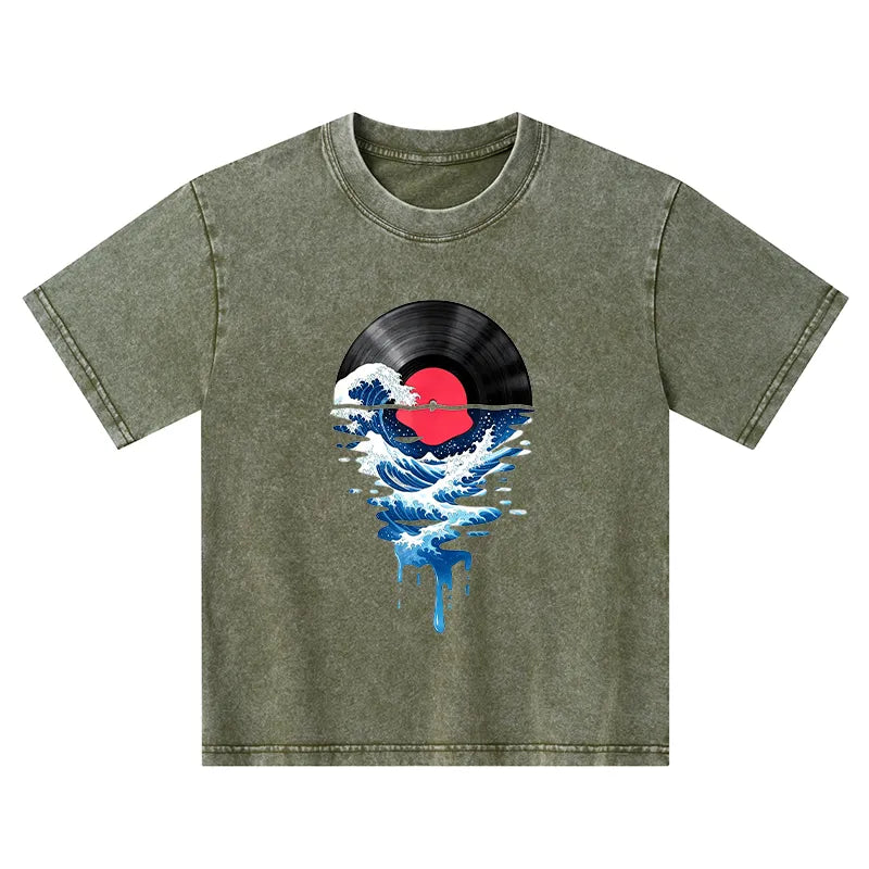 Kyoto-Lion Vinyl Records And Waves Kids Washed T-Shirt