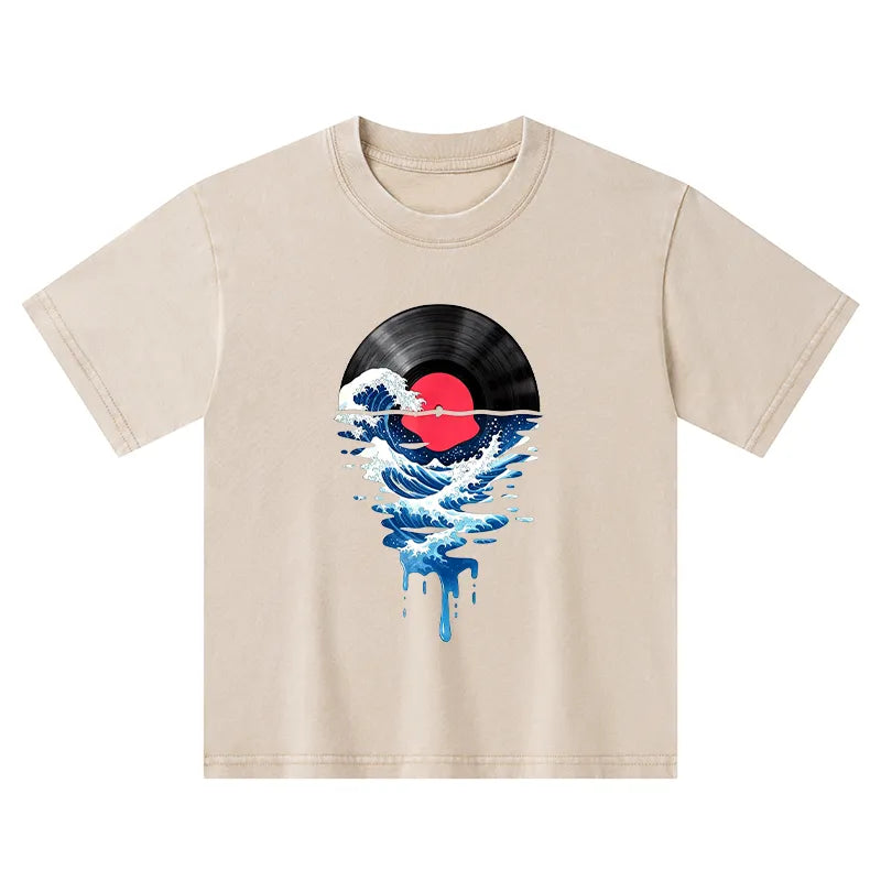 Kyoto-Lion Vinyl Records And Waves Kids Washed T-Shirt
