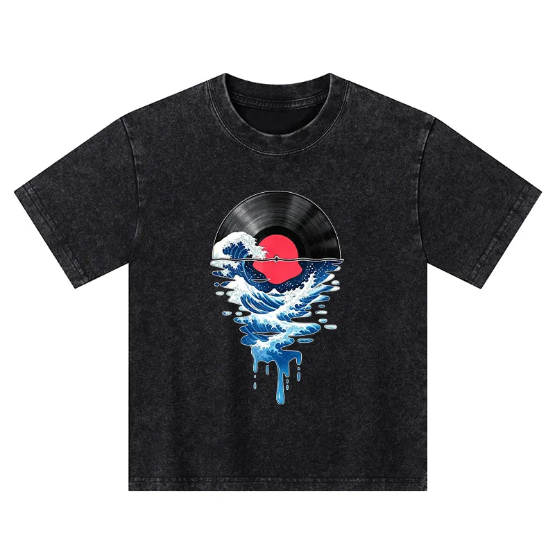 Kyoto-Lion Vinyl Records And Waves Kids Washed T-Shirt