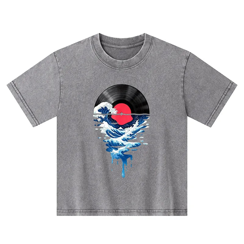 Kyoto-Lion Vinyl Records And Waves Kids Washed T-Shirt