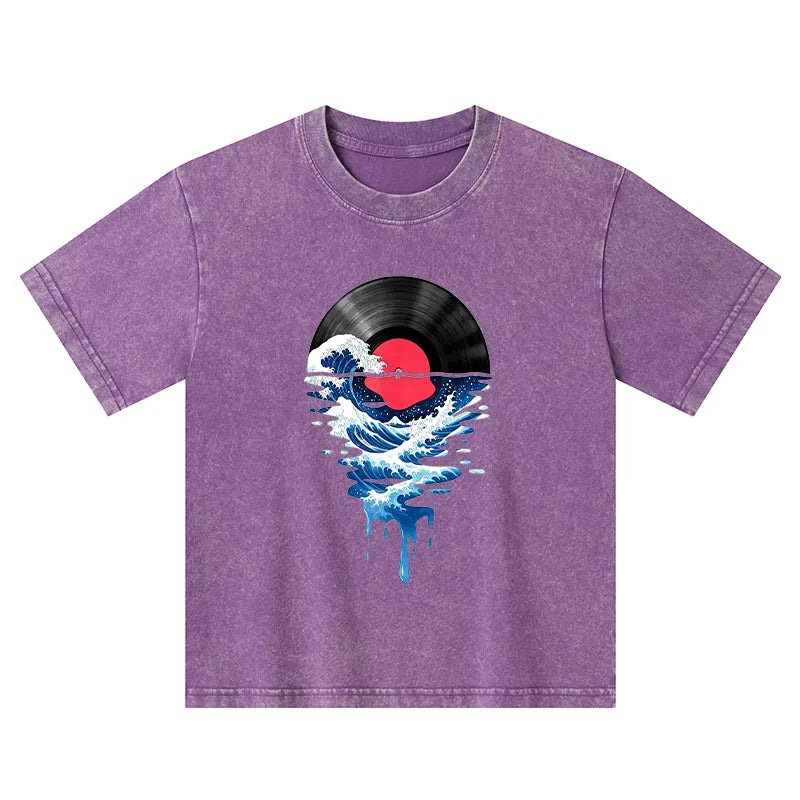 Kyoto-Lion Vinyl Records And Waves Kids Washed T-Shirt