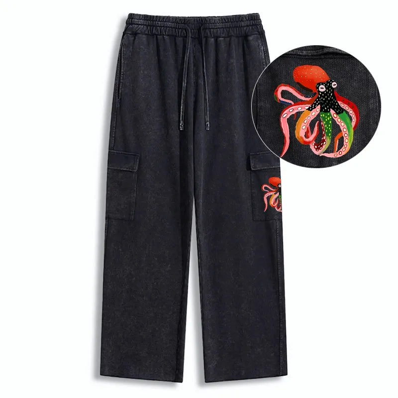Kyoto-Lion Colorful Octopus Art Washed Utility Sweatpants