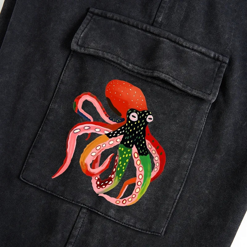 Kyoto-Lion Colorful Octopus Art Washed Utility Sweatpants