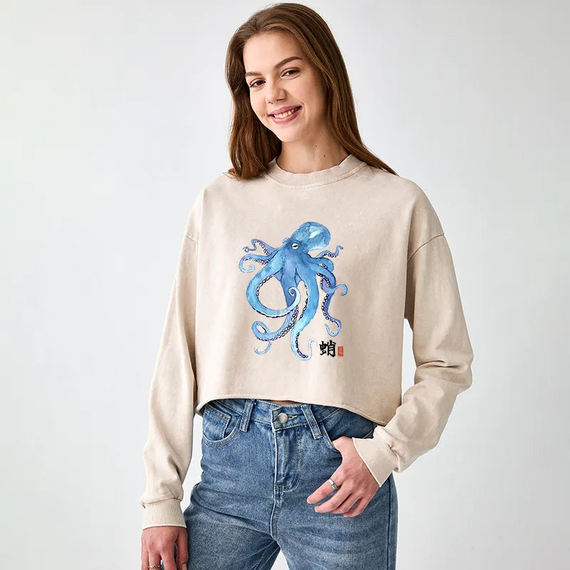 Kyoto-Lion Watercolor Blue Octopus Washed Crop Sweatshirt