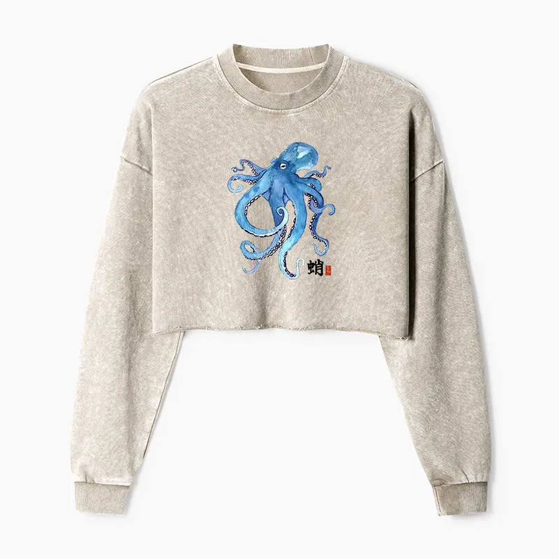 Kyoto-Lion Watercolor Blue Octopus Washed Crop Sweatshirt