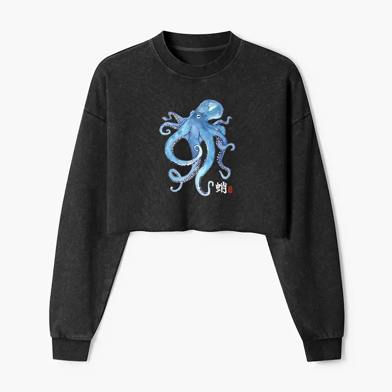 Kyoto-Lion Watercolor Blue Octopus Washed Crop Sweatshirt