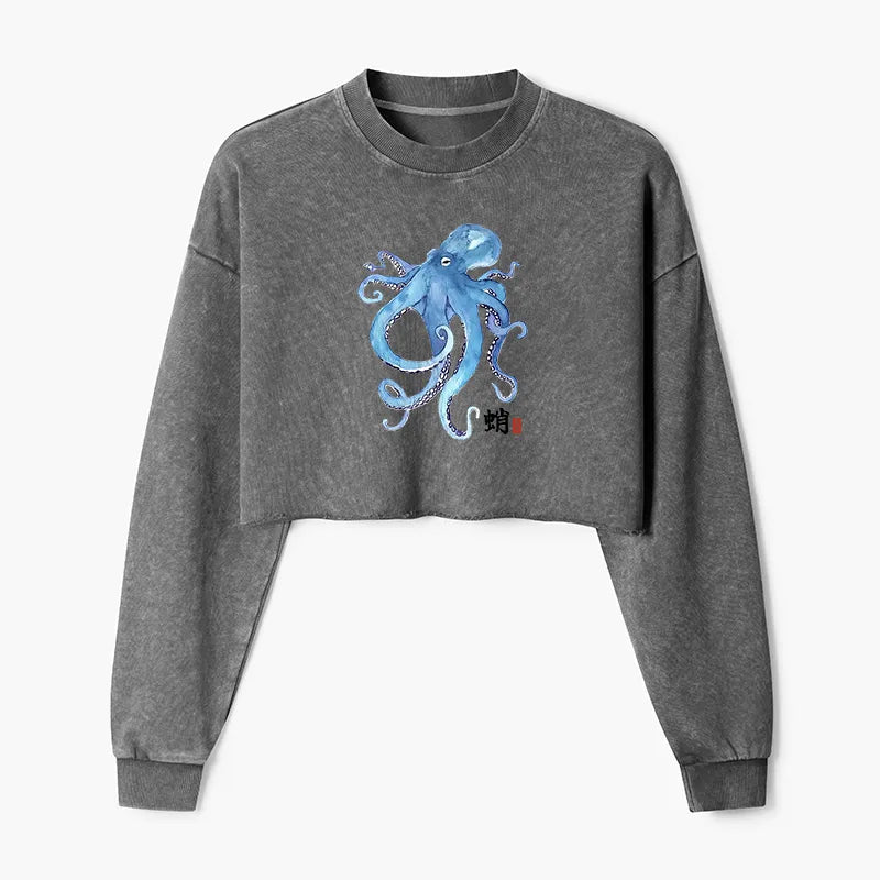 Kyoto-Lion Watercolor Blue Octopus Washed Crop Sweatshirt