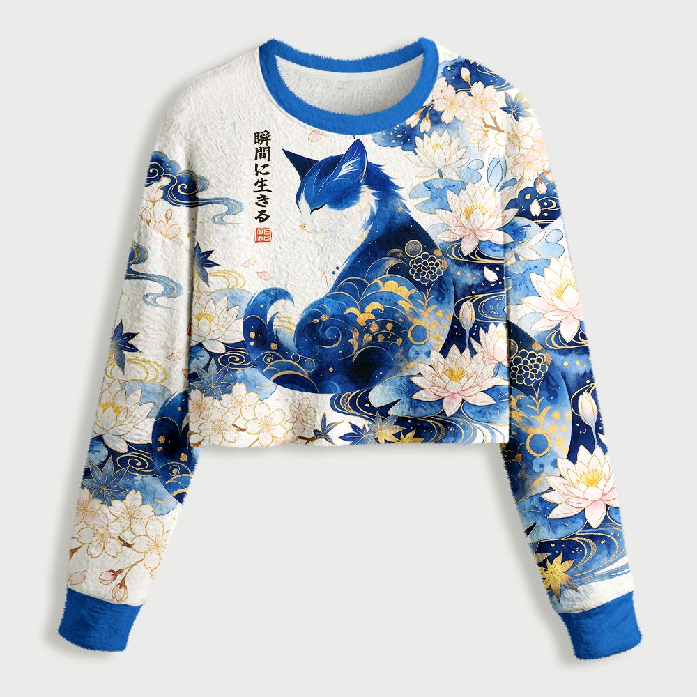 Kyoto-Lion Retro Zen Cat: Living the Present Women's Fuzzy Cropped Sweatshirt