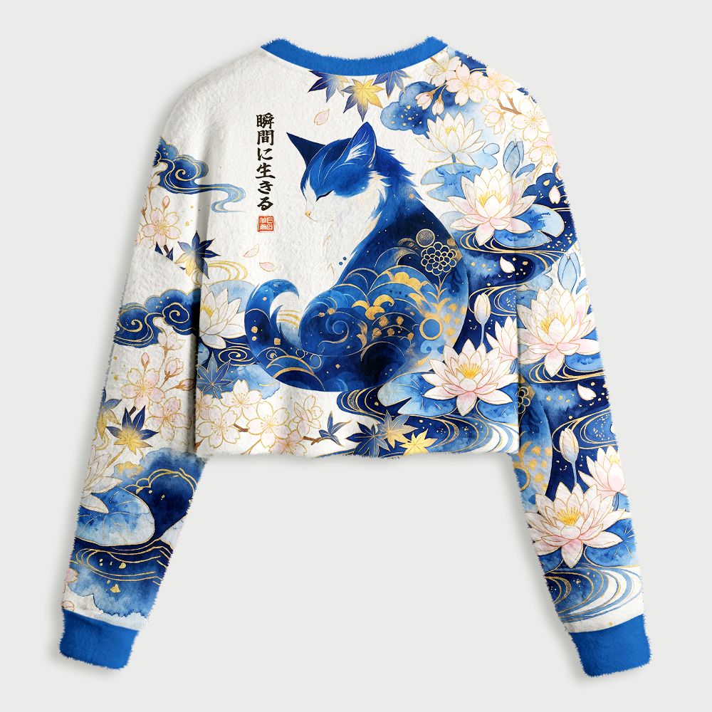 Kyoto-Lion Retro Zen Cat: Living the Present Women's Fuzzy Cropped Sweatshirt