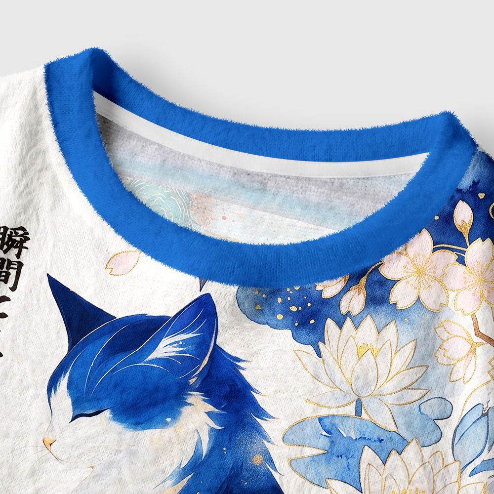 Kyoto-Lion Retro Zen Cat: Living the Present Women's Fuzzy Cropped Sweatshirt