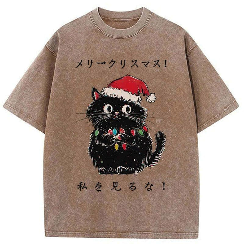 Kyoto-Lion Black Cat Merry Fluffmas Washed T-Shirt