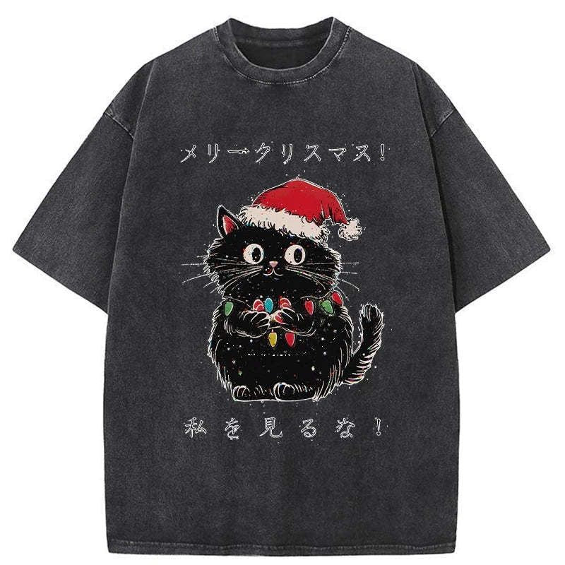 Kyoto-Lion Black Cat Merry Fluffmas Washed T-Shirt