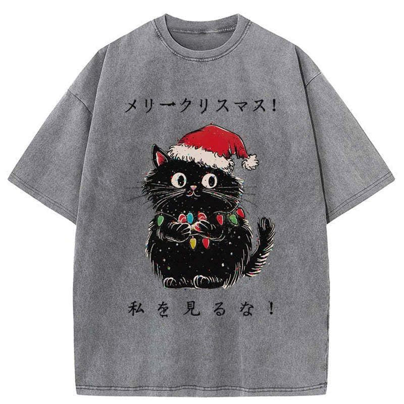 Kyoto-Lion Black Cat Merry Fluffmas Washed T-Shirt
