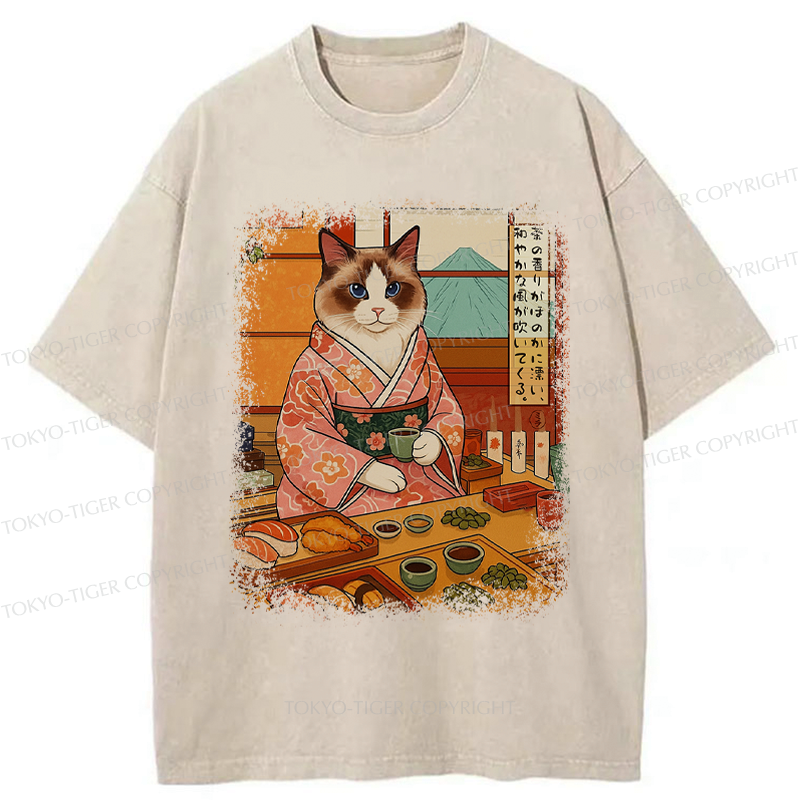 Kyoto-Lion Ukiyoe Japanese Cat Princess Teahouse Washed T-Shirt