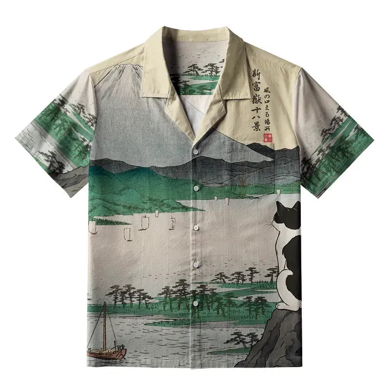 Kyoto-Lion Cat Overlooking Lakeside View Aloha Hawaiian Shirt