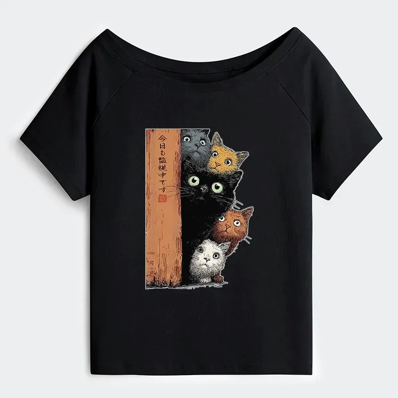 Kyoto-Lion Five Cats Are Watching You Off Shoulder T-Shirt