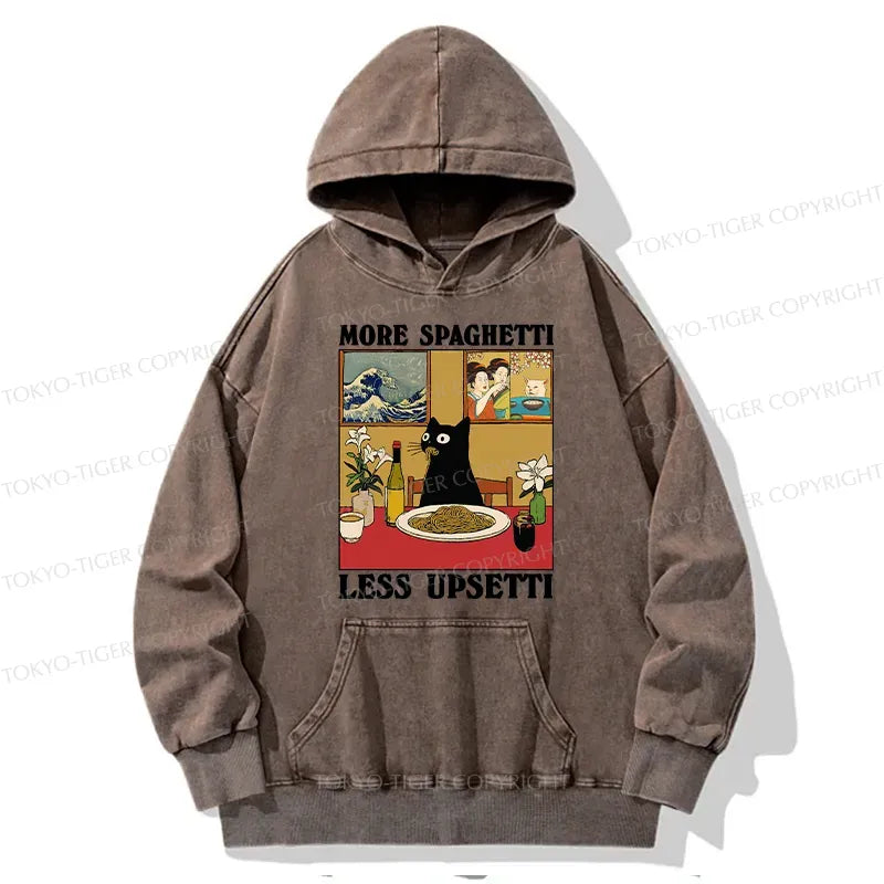 Japanese Retro Cat Pasta Hoodie with Washed Finish