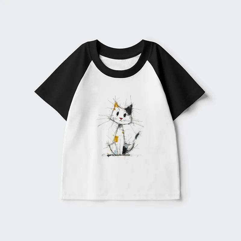 Kyoto-Lion Minimal Splash Ink Cute Cat Kids Raglan T-shirt