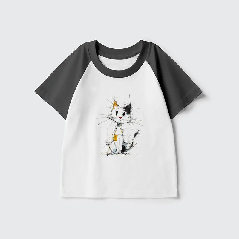Kyoto-Lion Minimal Splash Ink Cute Cat Kids Raglan T-shirt