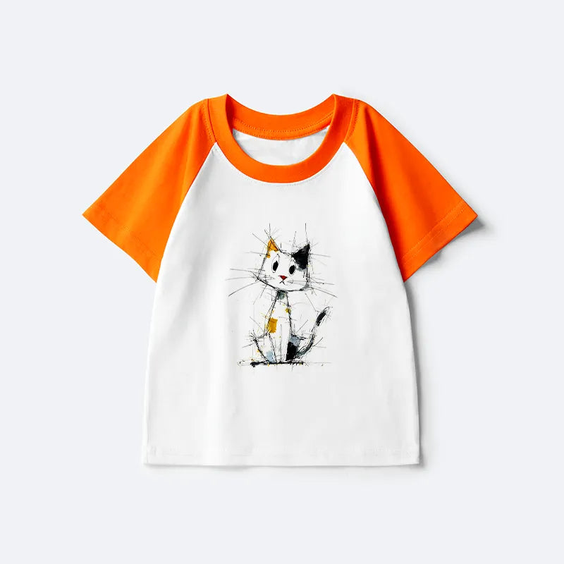 Kyoto-Lion Minimal Splash Ink Cute Cat Kids Raglan T-shirt