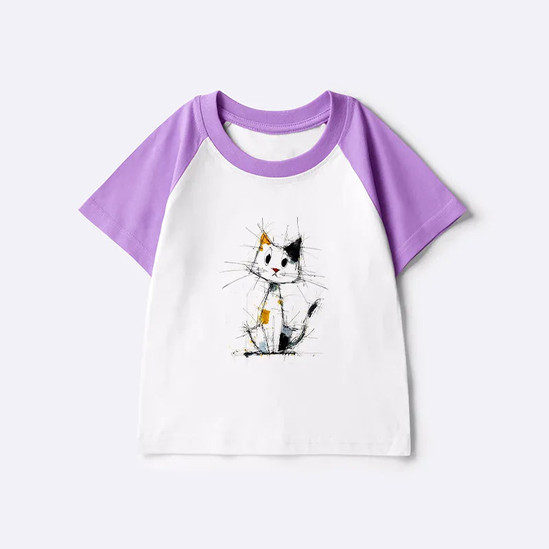 Kyoto-Lion Minimal Splash Ink Cute Cat Kids Raglan T-shirt