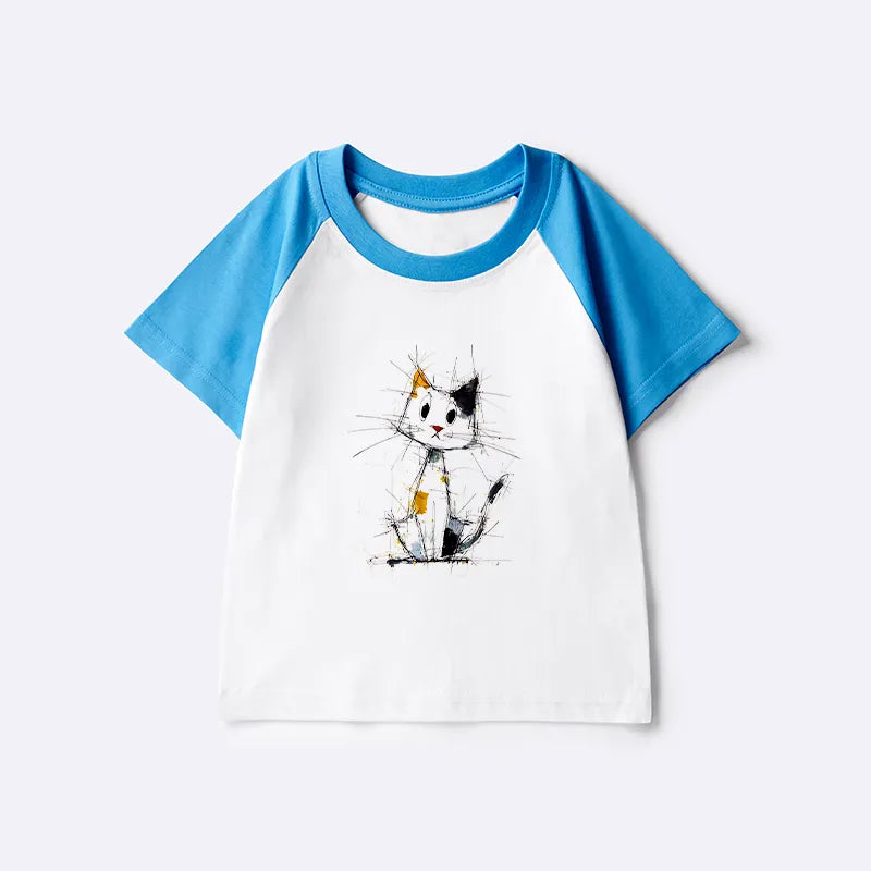 Kyoto-Lion Minimal Splash Ink Cute Cat Kids Raglan T-shirt